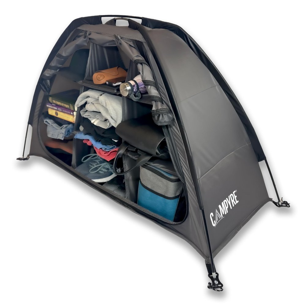 CAMPYRE - Tent & RV Camping Organizer with Zippered Flap, 9-Shelf Storage. RV Shoe Organizer, Dining Tent Organizer. Organize Any Other Camp Gear/Accessories (Patented - Licensed)