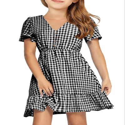 UMEKO Girls Polka Dot Print Midi Dress Button Down V Neck Short Sleeve Ruffle Casual Dresses (11-12 Year, Y-Black)