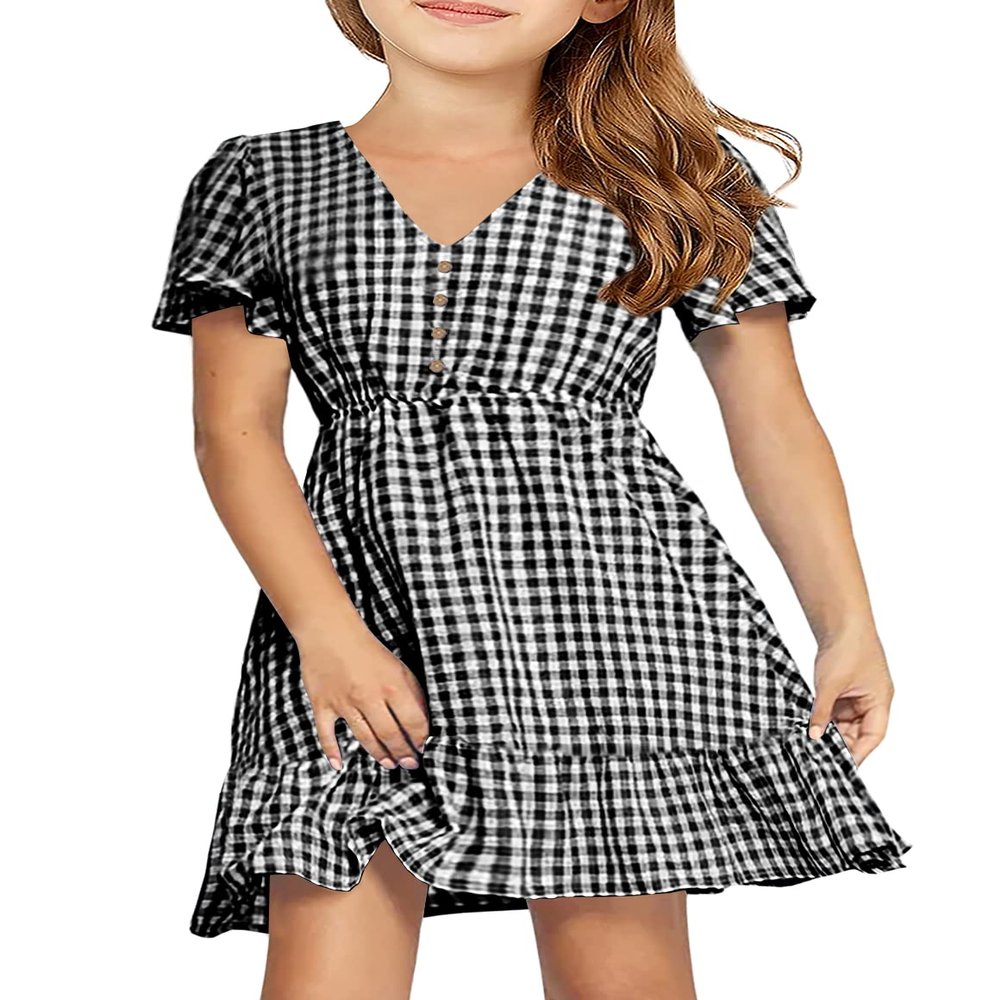 UMEKO Girls Polka Dot Print Midi Dress Button Down V Neck Short Sleeve Ruffle Casual Dresses (11-12 Year, Y-Black)