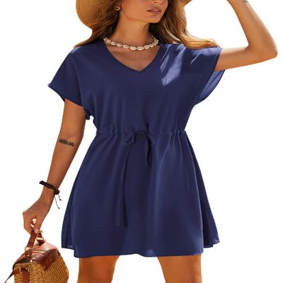 Ekouaer Women's Cover Ups Casual Swimsuit Coverups Flowy Tie Waist Beach Cover Up Dress(Navy Blue, X-Large)