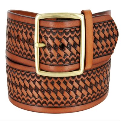 Belts.com Utility Uniform Work Belt w/Rectangle Center Bar Buckle One Piece Full Grain Leather Basketweave Embossed Belt 1-3/4"(45mm) Wide (Tan, 48)