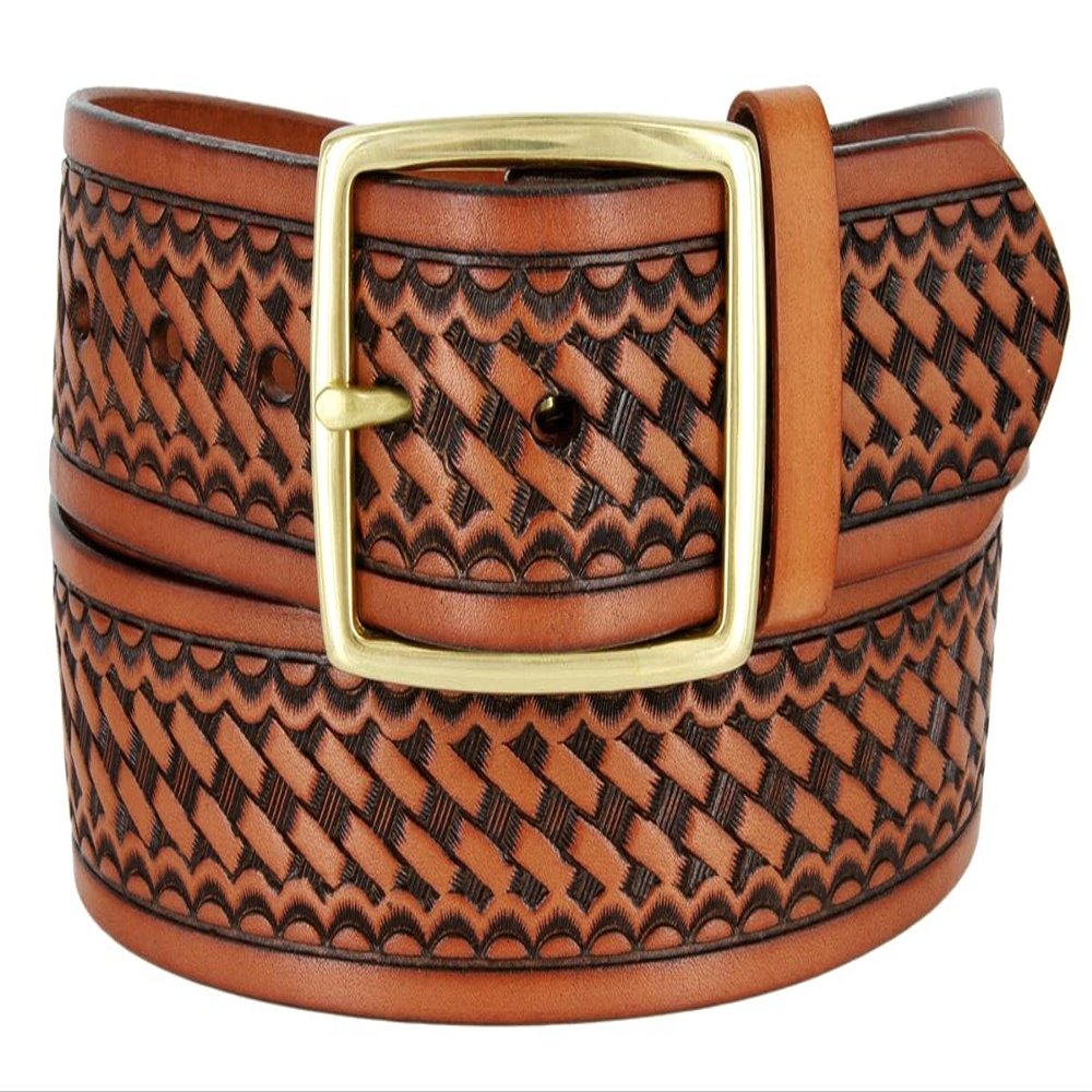 Belts.com Utility Uniform Work Belt w/Rectangle Center Bar Buckle One Piece Full Grain Leather Basketweave Embossed Belt 1-3/4"(45mm) Wide (Tan, 48)