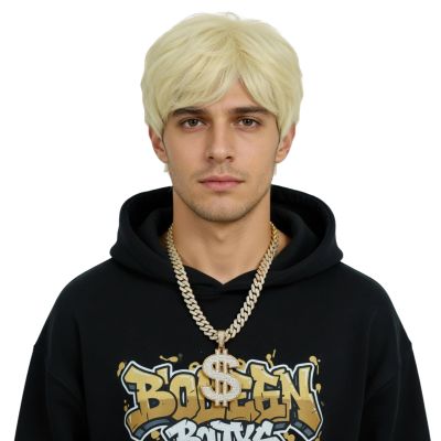 BECUS Blonde Wig for Men Short, Platinum Blonde Wigs with Bangs, Straight Synthetic Cosplay Mens Wig, Realistic Costume Wigs for Halloween, Anime, Rockstar Party