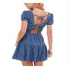CITY STUDIO Womens Blue Stretch Pleated Gathered Open-Back Tie Back Pouf Sleeve Square Neck Short Party Fit + Flare Dress XS view 2