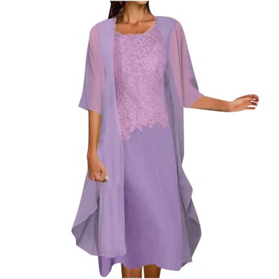 Two Piece Dress for Women Summer Casual Short Sleeve Chiffon Cardigan and Lace Patchwork Crew Neck Maxi Dress Set Purple