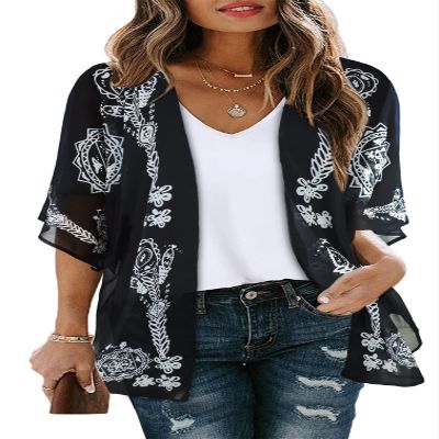 Summer Kimono Cardigan for Women Sheer Boho Tops Casual Open Front Swimwear Shirts Beach Cover ups (Caftan Black,2XL)