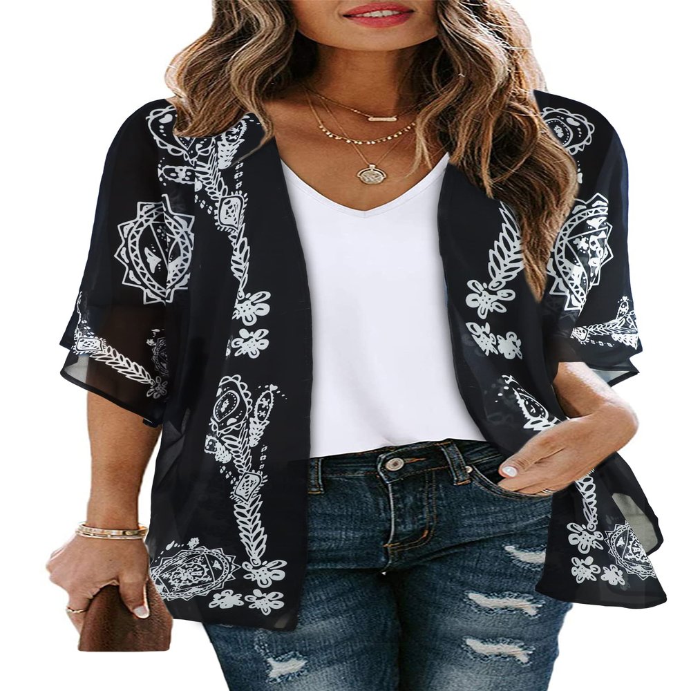 Summer Kimono Cardigan for Women Sheer Boho Tops Casual Open Front Swimwear Shirts Beach Cover ups (Caftan Black,2XL)