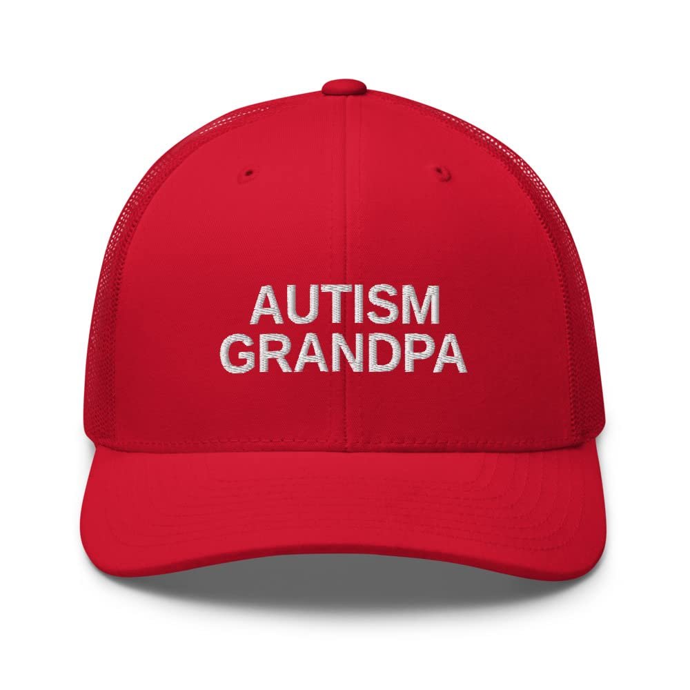 Autism Grandpa Gift Autism Awareness Puzzle Support Family Trucker Cap Mesh Hat Adjustable Red