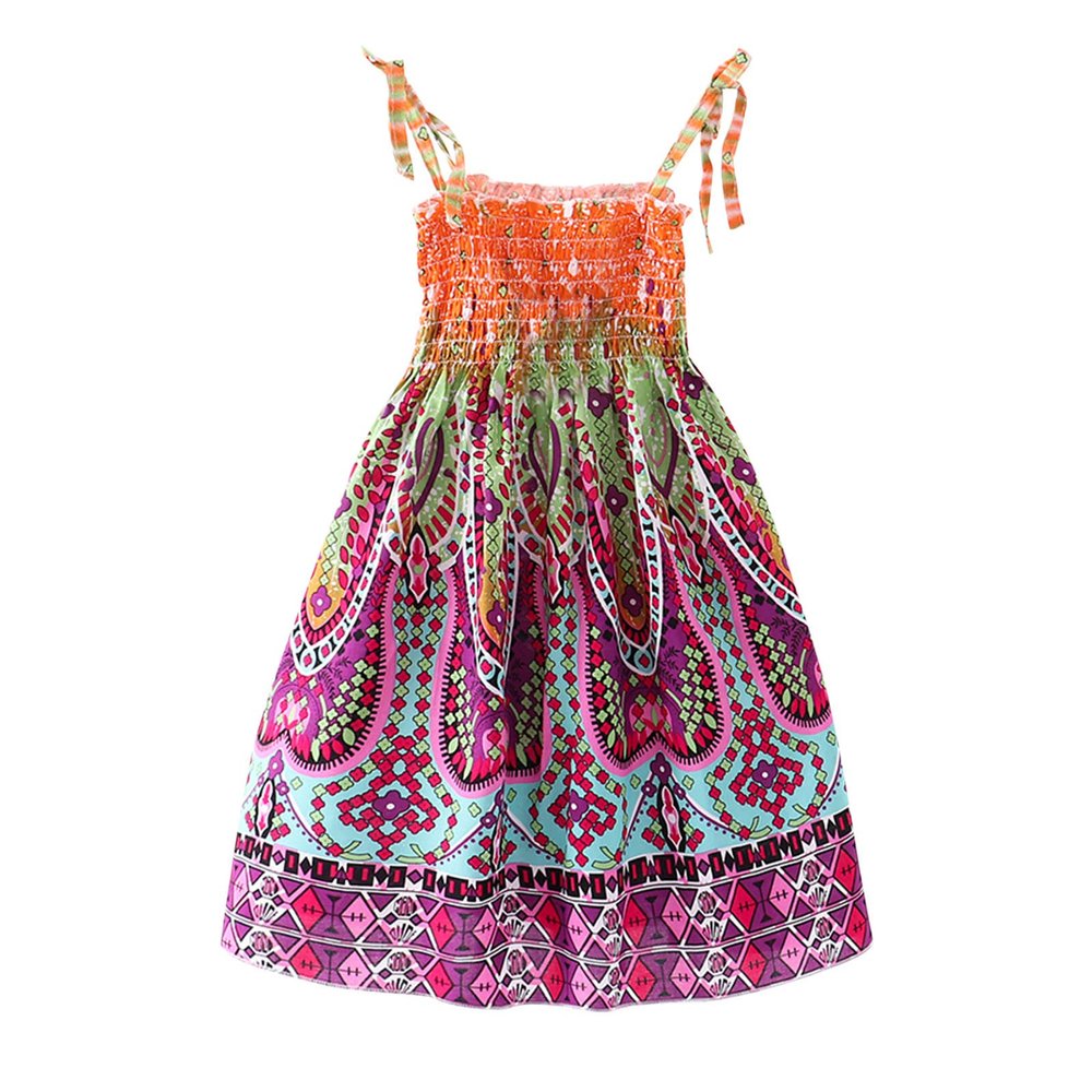Toddler Baby Girls Bohemian Dress Summer Floral Printed Halter Sleeveless Elastic Beach Sundress Sling Dresses (Orange #5, 5 Years)