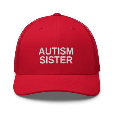 Autism Sister Gift Autism Awareness Puzzle Support Family Trucker Cap Mesh Hat Adjustable Red