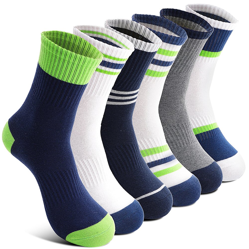 Welwoos Kids Boys Socks Athletic Basketball Youth Sport Crew Cotton Breathable Soft Gift Socks 6 Pairs Stocking Stuffers (Splice/Green/White,5-8Y)