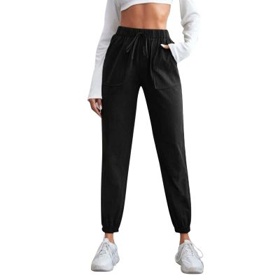 QWENTMTNTY Womens Cotton Linen Sweatpants Summer Casual Elastic Waist Lounge Pants Pockets Drawstring Workout Yoga Trousers Black