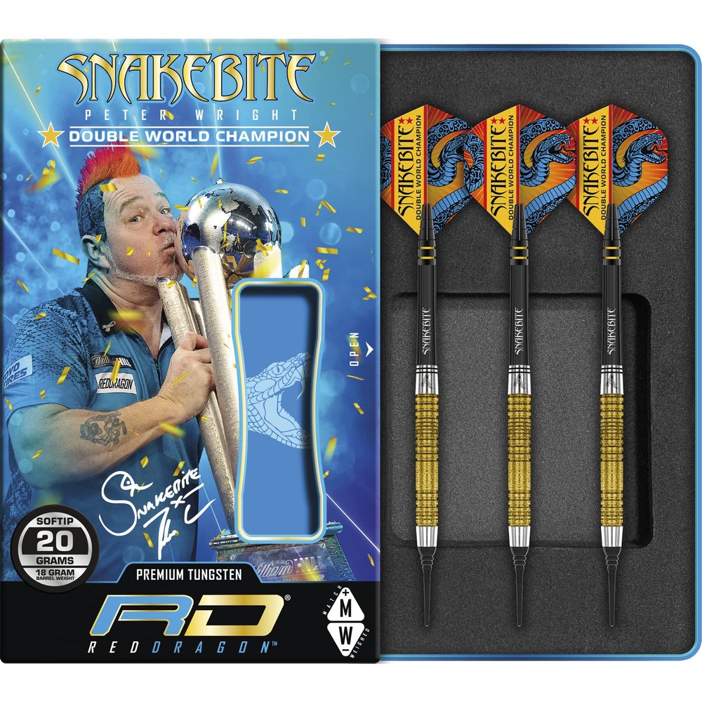 RED DRAGON Peter Wright Snakebite DWC Special Edition Gold Plus Softip 18g with Flights and Stems (shafts)