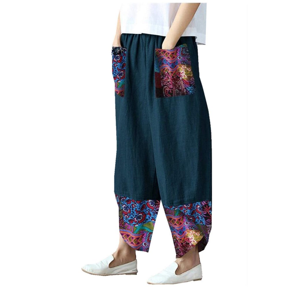 QWENTMTNTY Womens Baggy Linen Pants Summer Casual Printed Hippie Boho Crop Pants Loose Fit Patchwork Ankle Trousers Pockets Navy