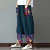 QWENTMTNTY Womens Baggy Linen Pants Summer Casual Printed Hippie Boho Crop Pants Loose Fit Patchwork Ankle Trousers Pockets Navy view 2