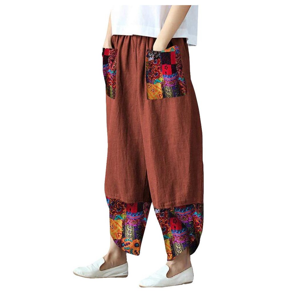 QWENTMTNTY Womens Baggy Linen Pants Summer Casual Printed Hippie Boho Crop Pants Loose Fit Patchwork Ankle Trousers Pockets Orange