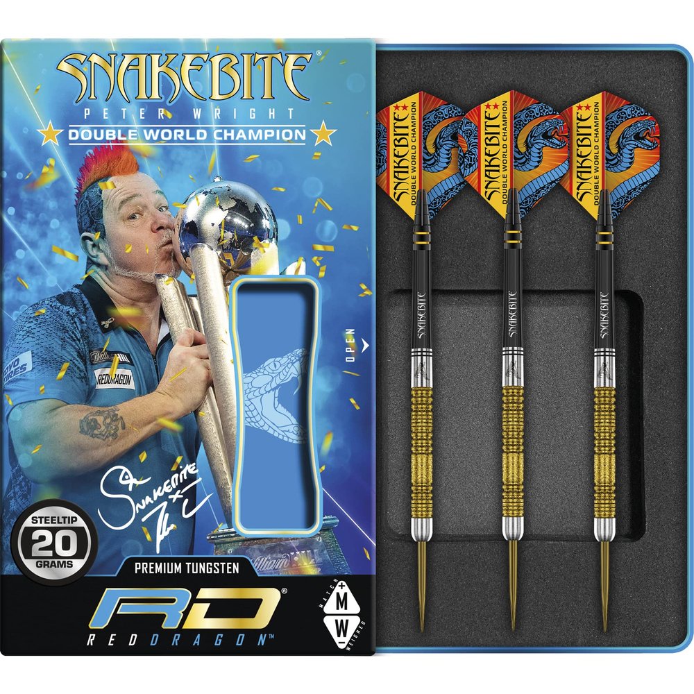 RED DRAGON Peter Wright Snakebite DWC Special Edition Gold Plus 20g with Flights and Stems (shafts)