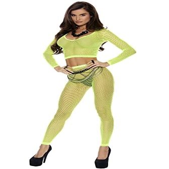 Long Sleeve Diamond Net Hole Top and Matching Leggings Set Chartreuse