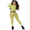 Long Sleeve Diamond Net Hole Top and Matching Leggings Set Chartreuse view 2