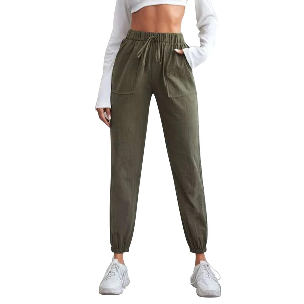 QWENTMTNTY Womens Cotton Linen Sweatpants Summer Casual Elastic Waist Lounge Pants Pockets Drawstring Workout Yoga Trousers Green