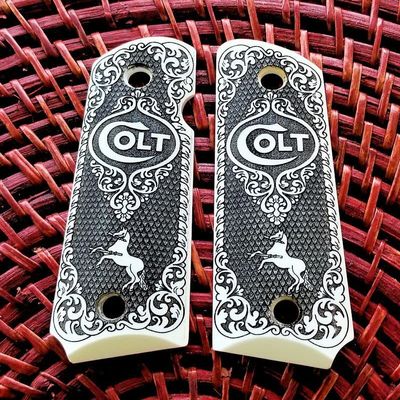 Compact Colt 1911 Custom 3D Engraved Ivory Grips Scroll Rampant Horse Checkered, White