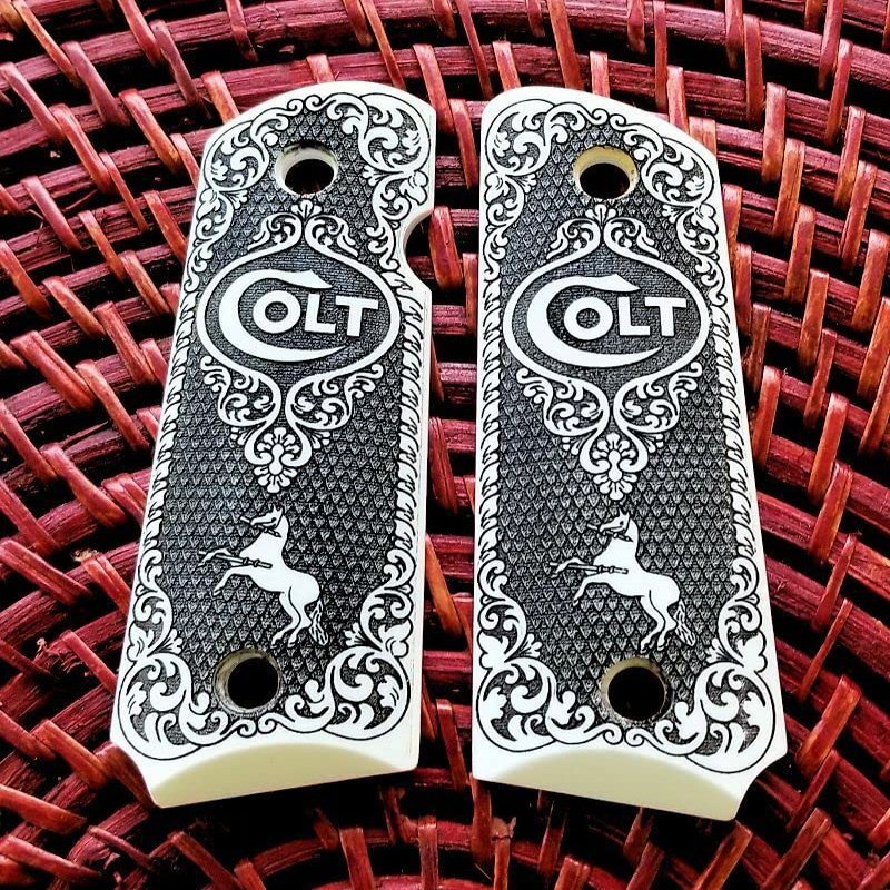 Compact Colt 1911 Custom 3D Engraved Ivory Grips Scroll Rampant Horse Checkered, White