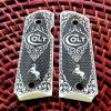 Compact Colt 1911 Custom 3D Engraved Ivory Grips Scroll Rampant Horse Checkered, White view 1