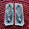 Compact Colt 1911 Custom 3D Engraved Ivory Grips Scroll Rampant Horse Checkered, White view 3