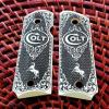 Compact Colt 1911 Custom 3D Engraved Ivory Grips Scroll Rampant Horse Checkered, White view 4