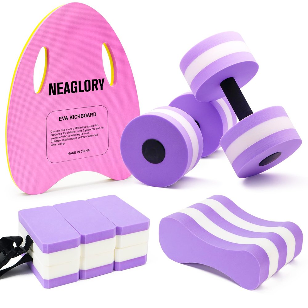 NEAGLORY 5 Pieces Water Aerobics Set Aquatic Exercise Set Pool Fitness Equipment with Foam Dumbbell, Swim Kickboard, Pull Buoy, Aquatic Swim Belt for Water Workout, Purple