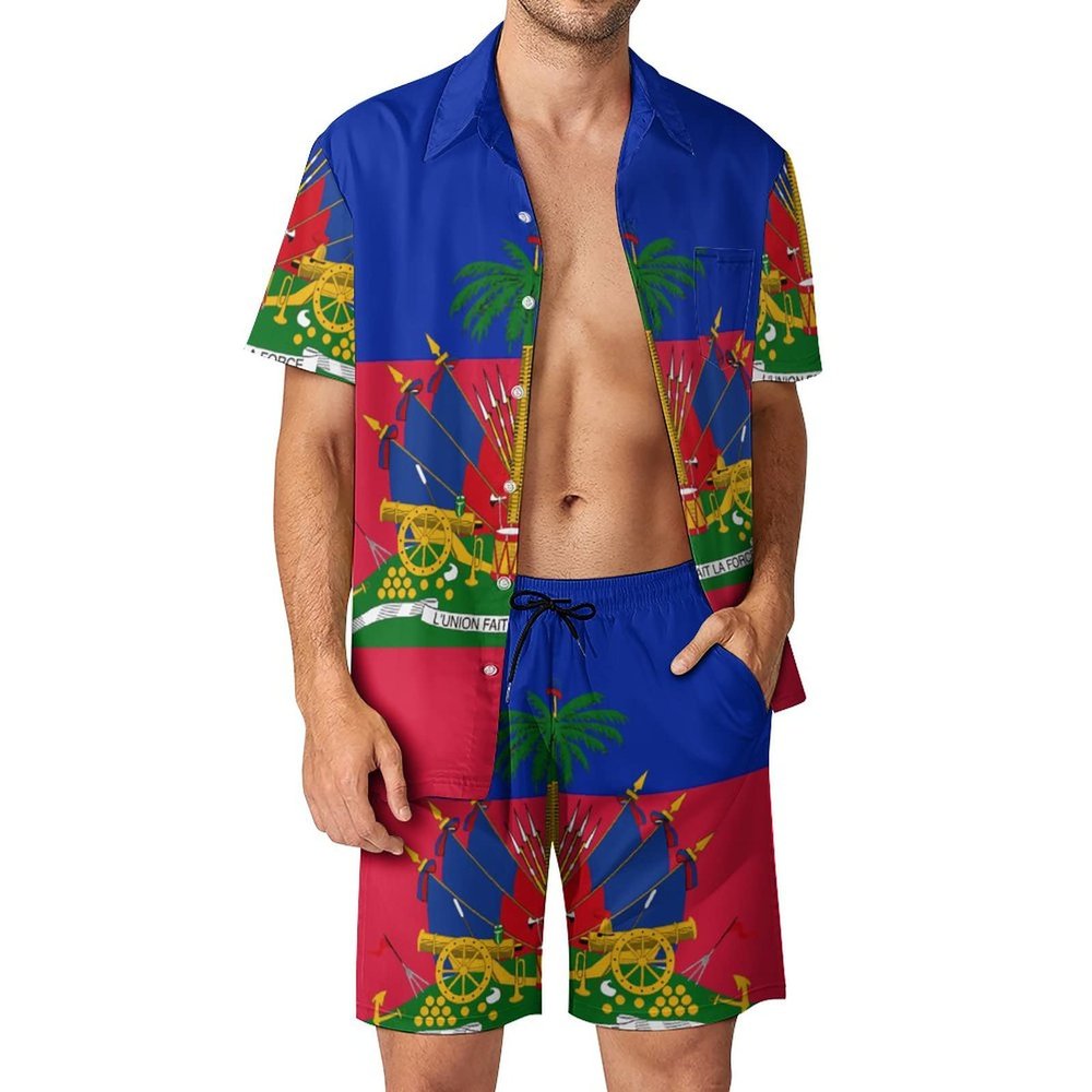 Adugen Origei Men's Haiti Flag Button-Up Shirt Hawaiian Shirt Party Beach Suit Dry Surfing Beach Shorts with Pockets S