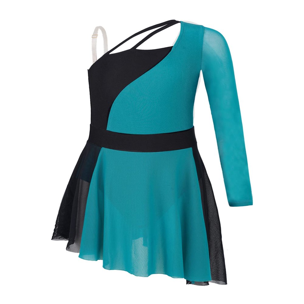 Agoky Kids Girls Single Long Sleeve Irregular Hem Tulle Dance Dress Lyrical Contemporary Dance Outfits Ice Skating Dress Green 8 Years