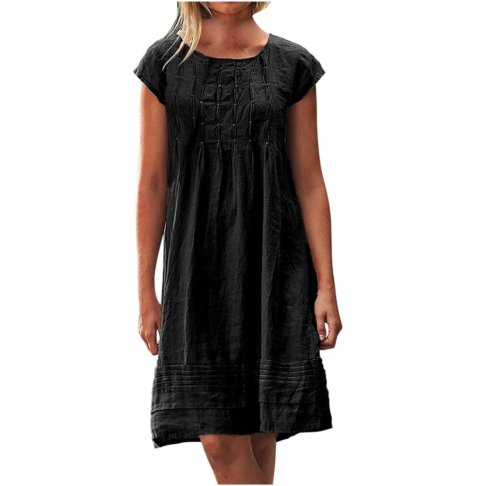 LFEOOST Casual Summer Dresses for Women Fashion Cotton and Linen Crewneck Short Sleeve Solid Loose Ruched Shift Dress Black