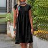 LFEOOST Casual Summer Dresses for Women Fashion Cotton and Linen Crewneck Short Sleeve Solid Loose Ruched Shift Dress Black view 2