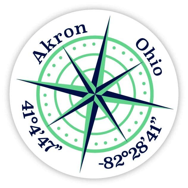Akron Ohio 4-Inch Vinyl Decal Sticker Latitude Longitude Compass Design