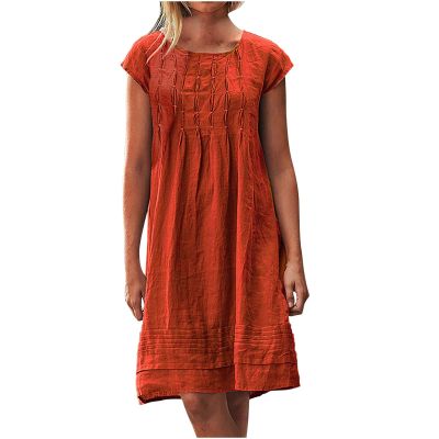 LFEOOST Casual Summer Dresses for Women Fashion Cotton and Linen Crewneck Short Sleeve Solid Loose Ruched Shift Dress Orange