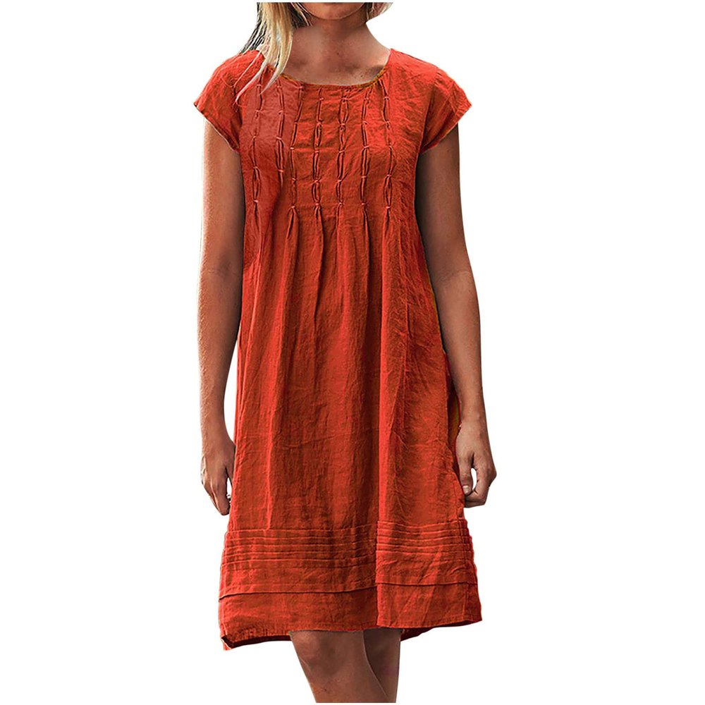 LFEOOST Casual Summer Dresses for Women Fashion Cotton and Linen Crewneck Short Sleeve Solid Loose Ruched Shift Dress Orange