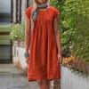 LFEOOST Casual Summer Dresses for Women Fashion Cotton and Linen Crewneck Short Sleeve Solid Loose Ruched Shift Dress Orange view 2