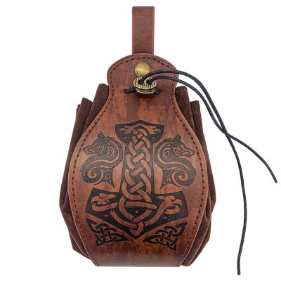 Popeoiuh Medieval Leather Belt Pouch for Men Women Portable Drawstring Waist Bag Pack Brown Vintage Embossed Belt Pouches Dice Purse LARP Viking Cosplay Costume Accessories(Fenrir and Mjolnir)