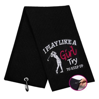 botogift Funny Golf Towel, I Play Like A Girl Try to Keep up - Golf Gifts for Women, Golf Accessories for Women, Embroidered Towels for Bags with Clip, Black