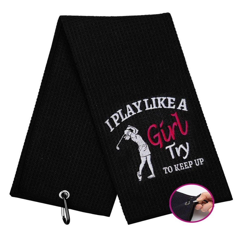 botogift Funny Golf Towel, I Play Like A Girl Try to Keep up - Golf Gifts for Women, Golf Accessories for Women, Embroidered Towels for Bags with Clip, Black