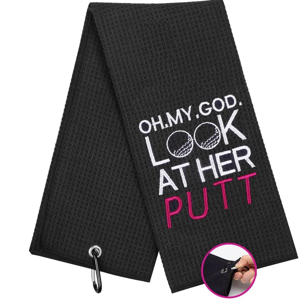 botogift Funny Golf Towel, Oh My God Look at Her Putt - Golf Gifts for Men Women, Golf Accessories for Women, Embroidered Towels for Bags with Clip, Black