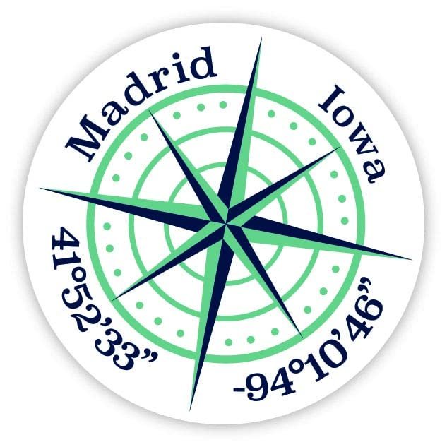 Madrid Iowa 2-Inch Vinyl Decal Sticker Latitude Longitude Compass Design