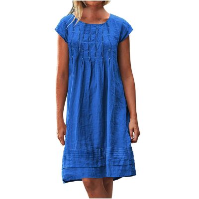 LFEOOST Casual Summer Dresses for Women Fashion Cotton and Linen Crewneck Short Sleeve Solid Loose Ruched Shift Dress Blue