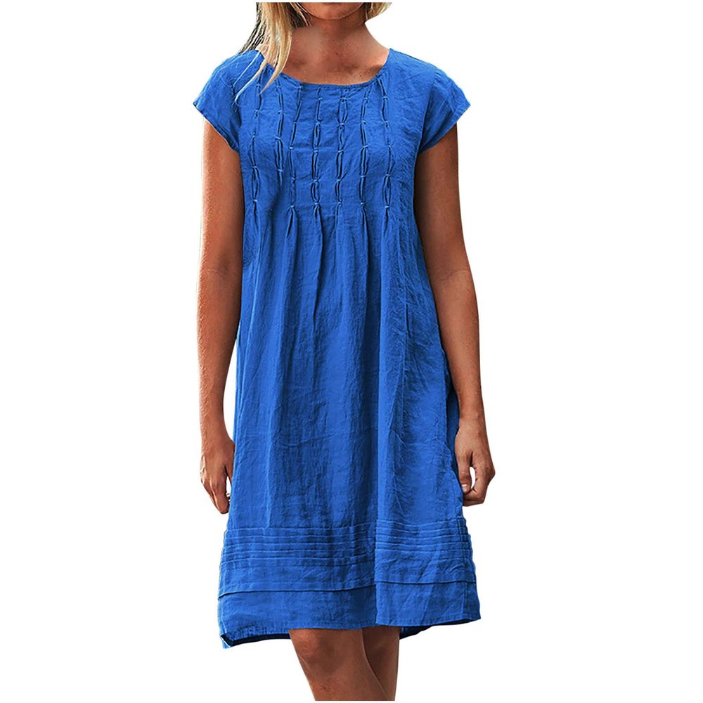 LFEOOST Casual Summer Dresses for Women Fashion Cotton and Linen Crewneck Short Sleeve Solid Loose Ruched Shift Dress Blue