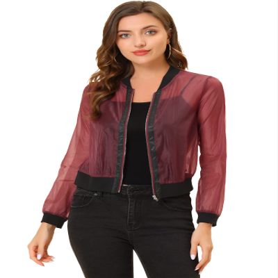 Allegra K Mesh Sheer Jacket for Women's See Through Long Sleeve Zip Up Bomber Jacket Small Red
