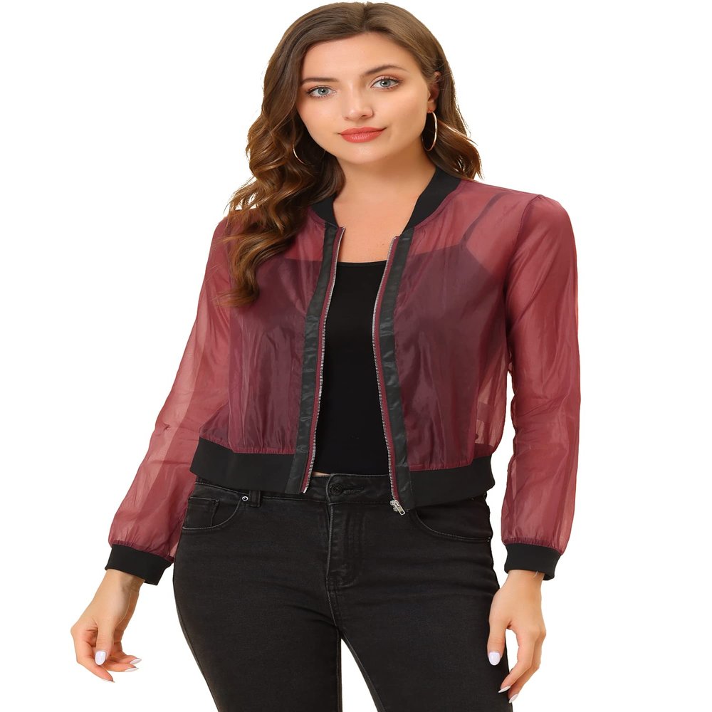 Allegra K Mesh Sheer Jacket for Women's See Through Long Sleeve Zip Up Bomber Jacket Small Red