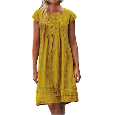LFEOOST Casual Summer Dresses for Women Fashion Cotton and Linen Crewneck Short Sleeve Solid Loose Ruched Shift Dress Yellow