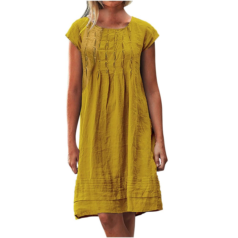 LFEOOST Casual Summer Dresses for Women Fashion Cotton and Linen Crewneck Short Sleeve Solid Loose Ruched Shift Dress Yellow