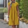 LFEOOST Casual Summer Dresses for Women Fashion Cotton and Linen Crewneck Short Sleeve Solid Loose Ruched Shift Dress Yellow view 2